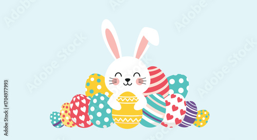 Cute bunny with colorful easter eggs for spring celebration.