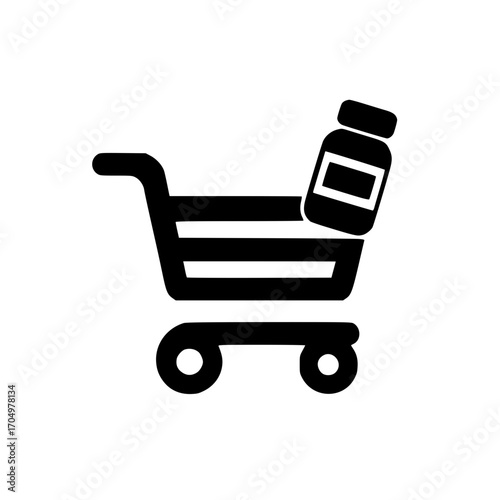 Medicine bottle in shopping cart vector for online retail healthcare themed design and ecommerce use