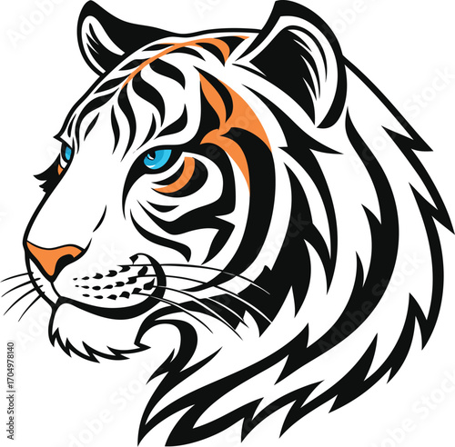Vector art of stylized illustration of a tigers head with blue eyes, isolated on a
