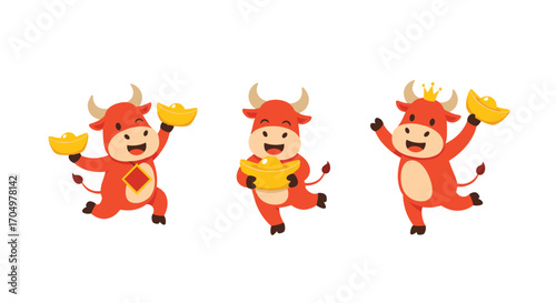Three cute cartoon bulls celebrating with gold ingots.