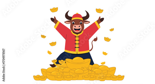Happy cartoon ox in traditional Chinese clothing celebrating the new year with gold coins.