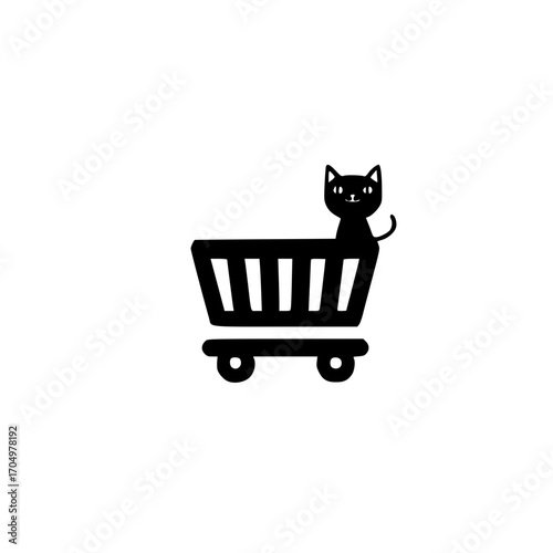 Black cat icon sitting in shopping cart vector for online store pet shop and digital marketplace