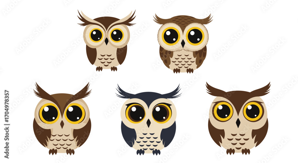 Fototapeta premium A collection of cute cartoon owls with big eyes.