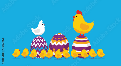 Easter chickens and decorated eggs celebrate spring joy.