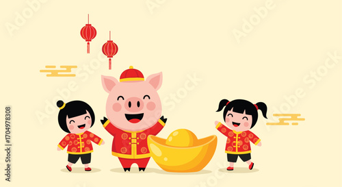 Happy Chinese New Year celebration with cute pig and children.