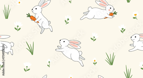 Cute bunnies and carrots pattern on a cream background.