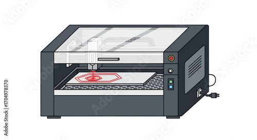 Desktop laser cutter machine engraving a red pattern illustration.
