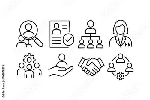 Human Resources icon set in editable stroke style. Includes recruitment, HR management, teamwork, collaboration, and employee-related concepts. Simple line-based vector illustrations, easily resizable