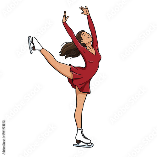 Female figure skater performing arabesque pose in red dress with white boots vector illustration 