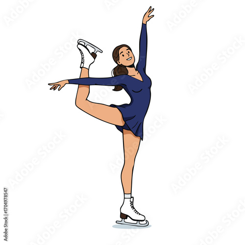 Female figure skater performing elegant pose in blue dress on ice rink vector illustration 
