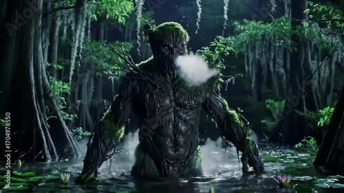 Swamp monster creature emerges from water, a spooky sight in nature. Perfect for horror projects or atmospheric scenes.