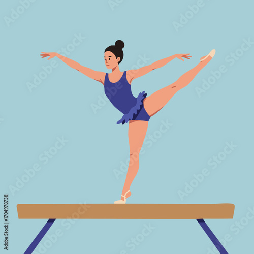 Female gymnast performing balance beam routine in blue leotard with bun hairstyle vector illustration 