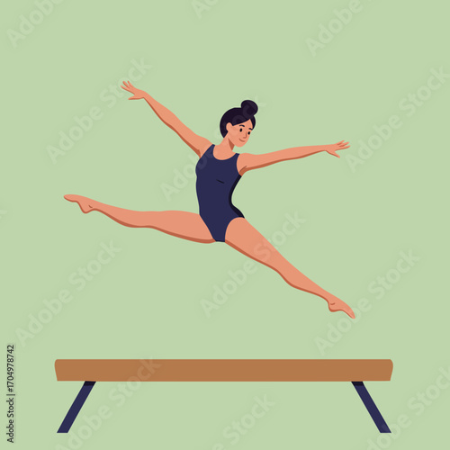 Female gymnast performing artistic leap on balance beam in sports training vector illustration 