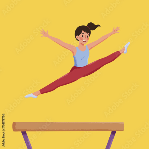 Female gymnast performing split leap over balance beam in colorful sportswear vector illustration 