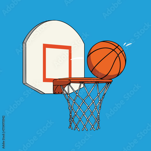 Basketball hoop with orange ball scoring point on blue background vector illustration