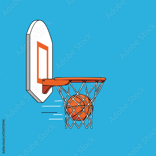 Basketball hoop with orange basketball ball passing through net on blue background vector illustration