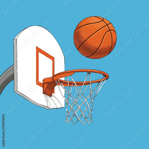 Basketball hoop with orange ball about to score on blue background vector illustration for sports and leisure activities 