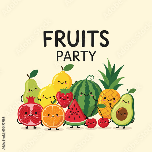 A colorful gathering of happy fruits ready for a delightful party.