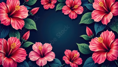 Intricate hibiscus blossoms, vibrant hues, repeating floral motif , botany, texture