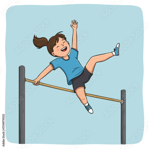 Girl jumping over high jump bar in athletic sport with blue background vector illustration 
