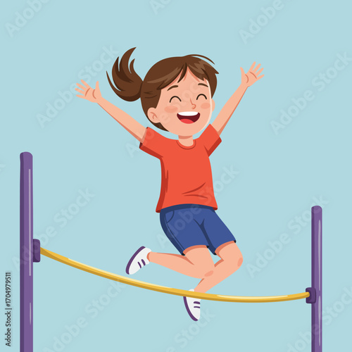 Girl jumping happily on high jump bar in sports activity vector illustration 