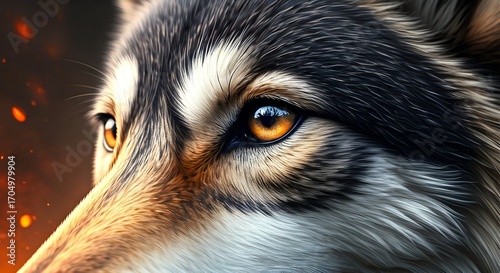 Intense Wolf Portrait: Close-up of majestic wolf's face with piercing amber eyes and detailed fur, symbolizing wild nature and power.