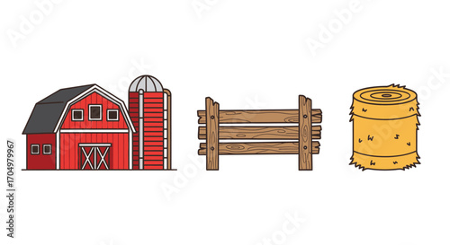 Set of farm elements including red barn silo fence and hay bale.