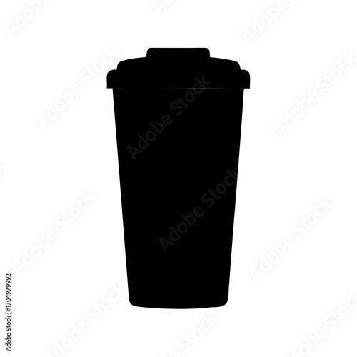 Black Silhouette of a Plastic Trash Can with Lid on White Background