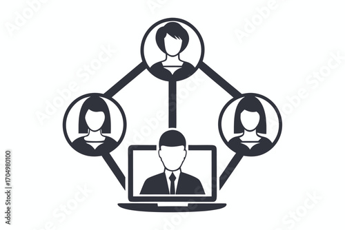 Faceless man on laptop connects with faceless women inside circles 