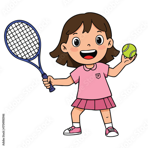 Girl playing tennis with racket and ball in pink outfit smiling happy active sport vector illustration 