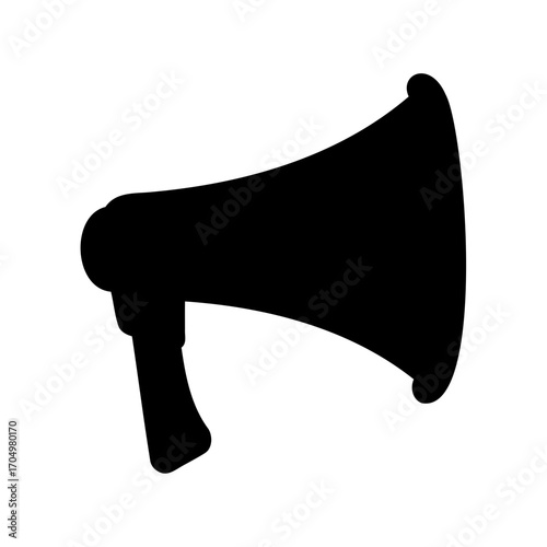 High contrast graphic representation of a black megaphone silhouette on white backdrop