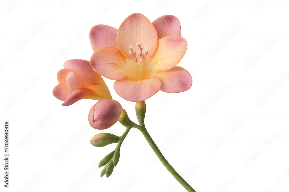 Fototapeta premium Delicate freesia blossoms in soft pink and yellow, creating gentle floral harmony against transparent backdrop