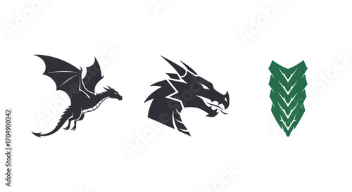 Dragon silhouettes: flying dragon dragon head and scale pattern design.