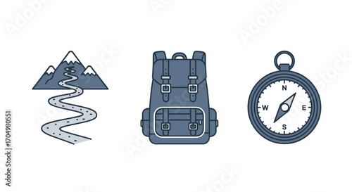 Travel essentials: mountain path backpack compass.