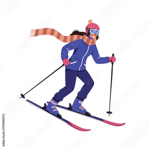 Woman skiing downhill in winter outfit with pink scarf and blue jacket vector illustration 