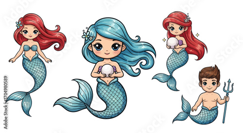 Charming cartoon mermaids and merman with pearls and flowing hair.