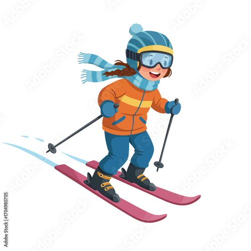 Child skiing downhill in winter outfit with blue hat orange jacket and pink skis vector illustration 