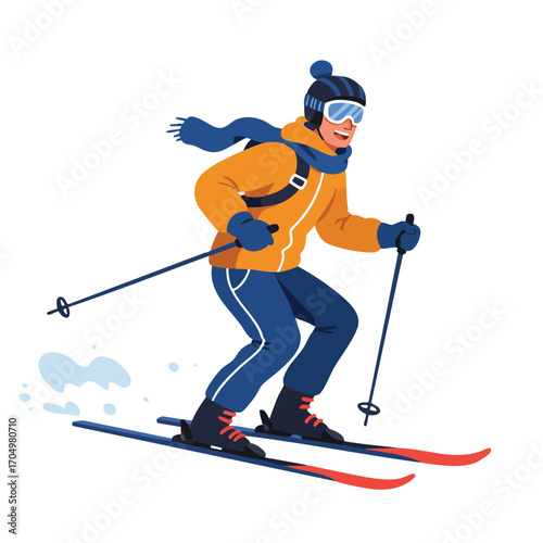 Skier Wearing Orange Jacket and Blue Pants Skiing Downhill in Winter Snow Sports Scene Outdoor Active Recreation 