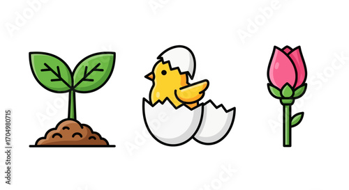 Three icons representing new life and growth a plant sprout a chick hatching and a flower bud.