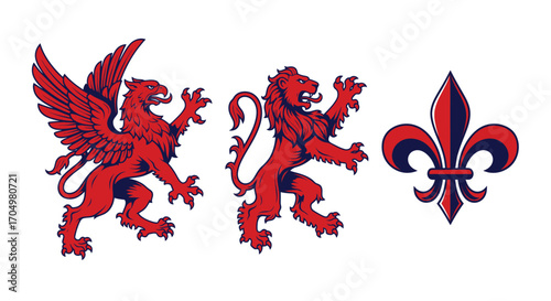 Heraldic symbols featuring a griffin lion and fleur de lis design elements.