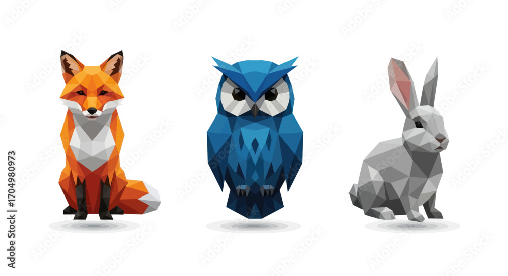 Obraz premium Low poly animals: fox owl and rabbit in a geometric style.