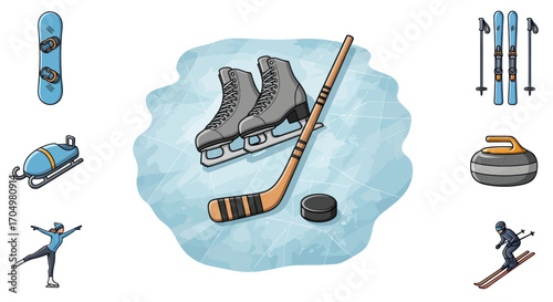 Winter Sports Equipment Collection with Ice Skates Hockey Stick and Puck.