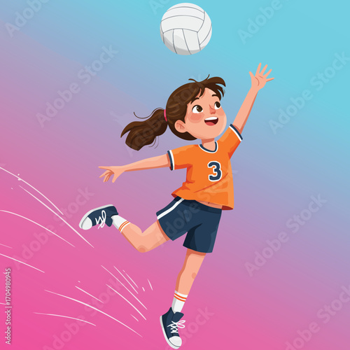 Girl playing volleyball jumping to hit ball in orange sports jersey and blue shorts vector illustration 