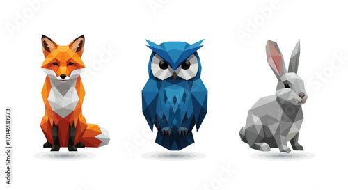 Low poly animals: fox owl and rabbit in a geometric style.