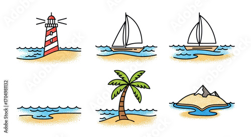 Hand drawn doodle style set of summer beach and sea elements.