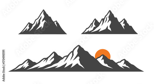Collection of stylized mountain range silhouettes for outdoor adventure themes.