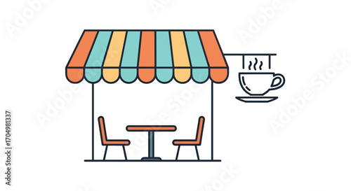 Outdoor cafe with awning table chairs and coffee cup sign.