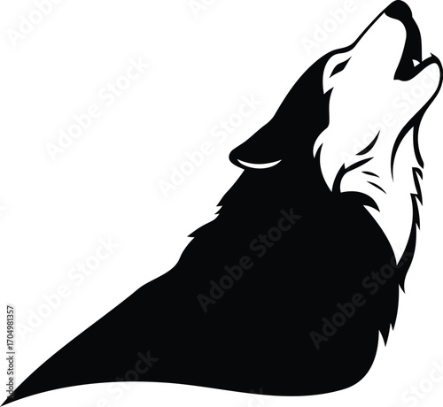 Silhouette of a Lone Wolf Howling Towards the Moon Against a White Background	