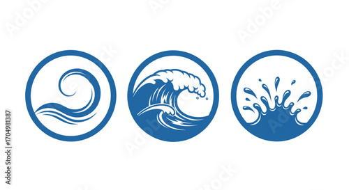 Set of three blue circular water wave logo icons.