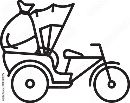 Stylized Rickshaw Illustration Depicting Traditional Transportation with a Covered Seating Area and Bicycle Style Front Wheel Configuration in a Minimalist Design